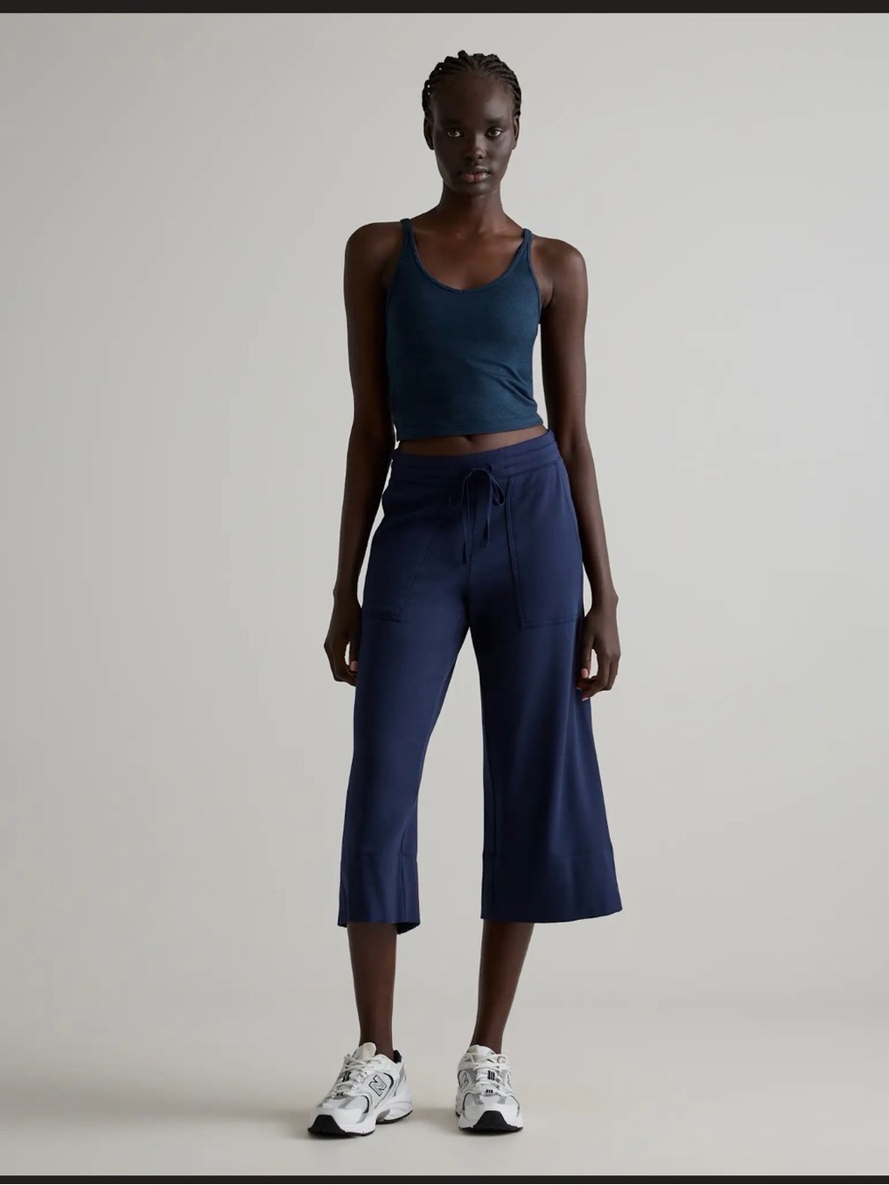 Quince L SuperSoft Fleece Navy Wide-Leg Cropped Drawstring Pants